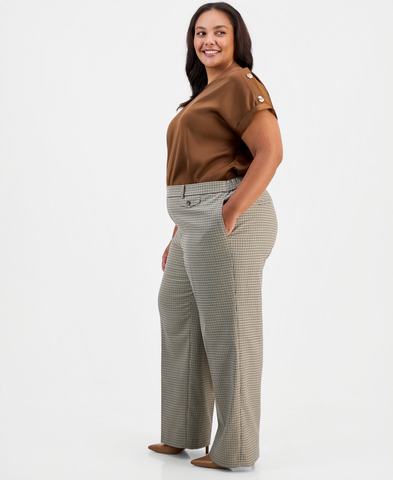 Plus Size Pull-On Wide-Leg Mini Houndstooth Trousers