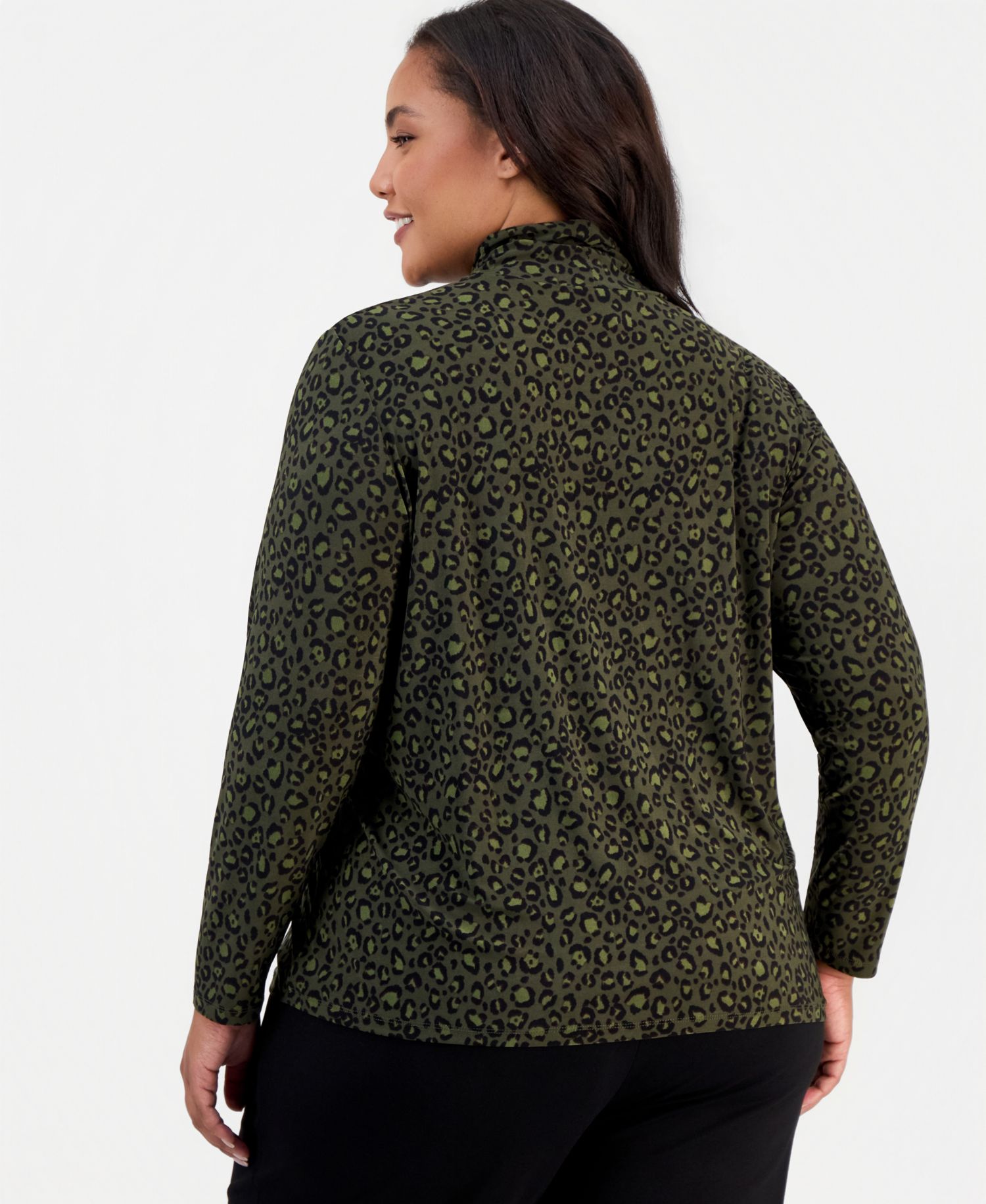 Plus Size Leopard-Print Shirred-Neck Long-Sleeve Turtleneck