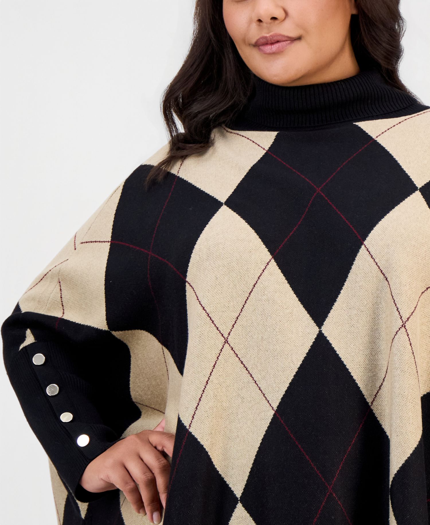 Plus Size Argyle Turtleneck Poncho