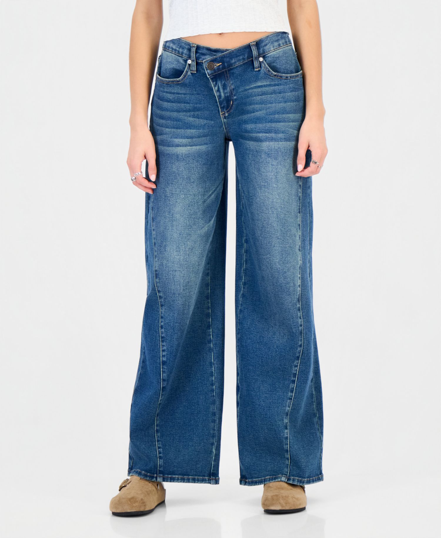 Juniors' Asym Elastic Back Waist High-Rise Wide-Leg Jeans