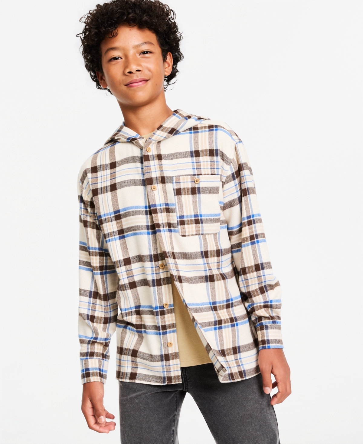 Epic Threads Kids' Boys' 4-20 Plaid Hooded Flannel Jacket, Macy's Exclusive In Travertine