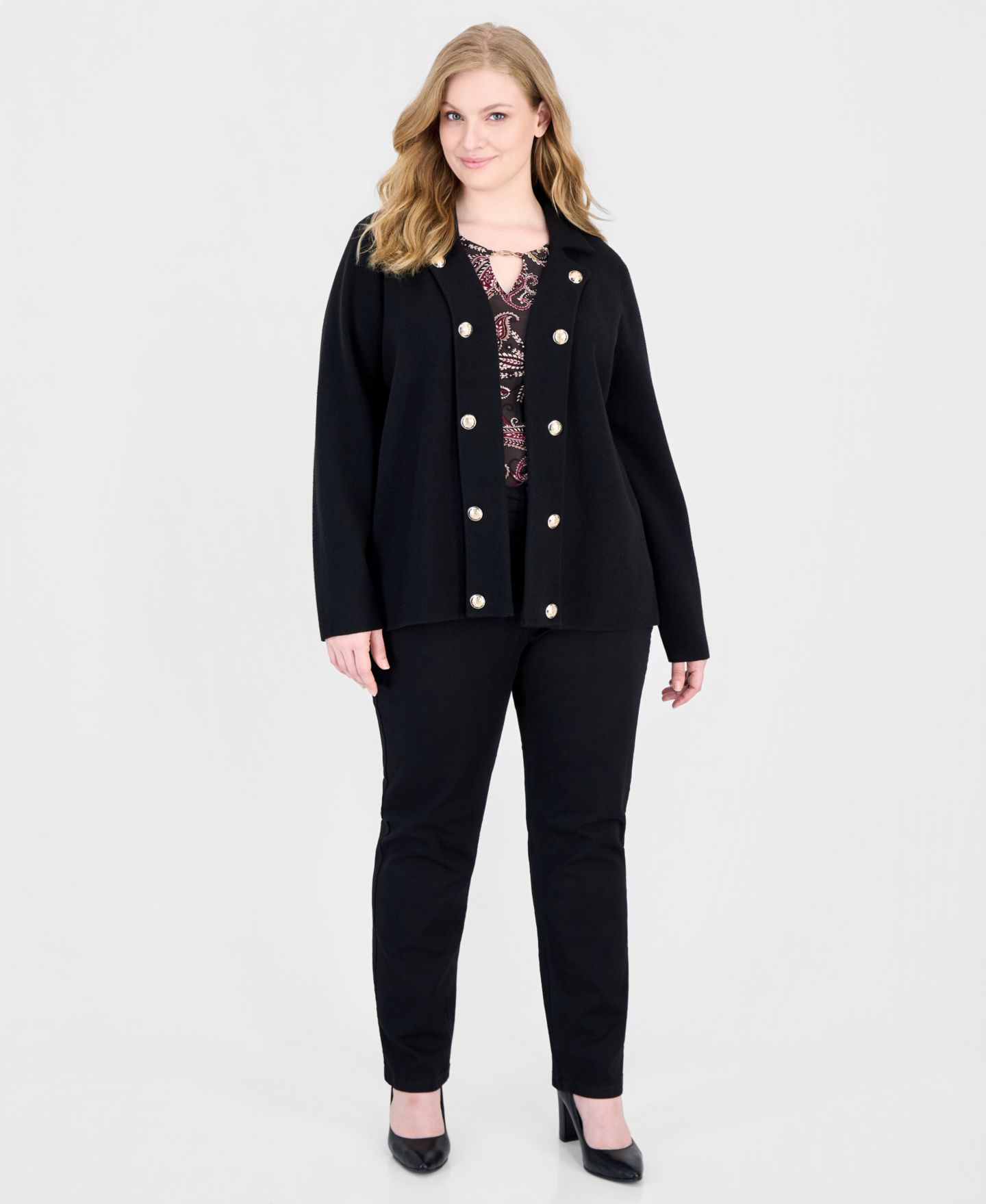 Женская куртка Jones New York Plus Size Notch-Collar Band, цвет: Чёрный — фото 2