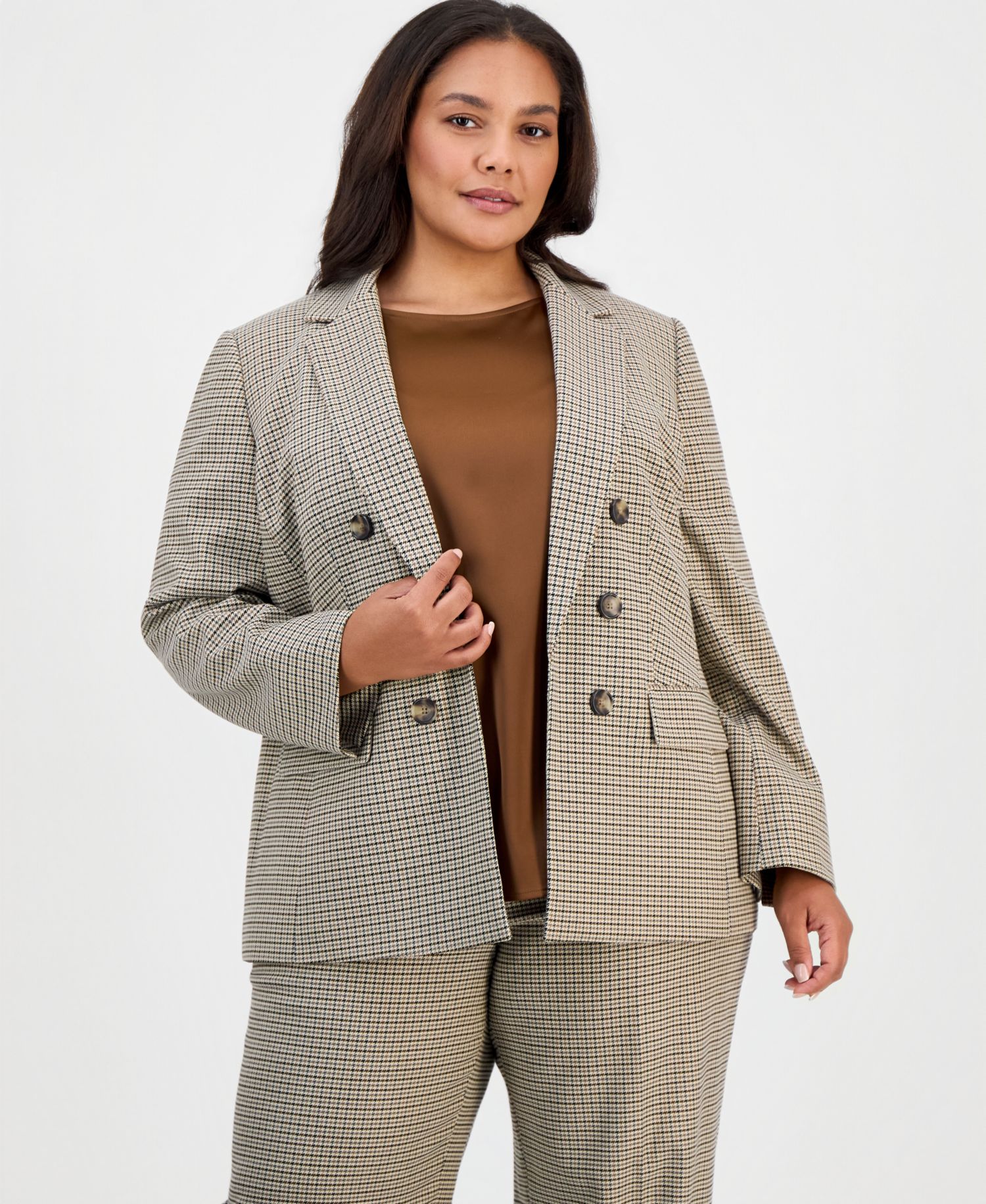 Plus Size Double-Breasted Houndstooth Blazer