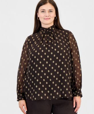 Plus Size Long-Sleeve Shirred-Collar Keyhole-Front Blouse