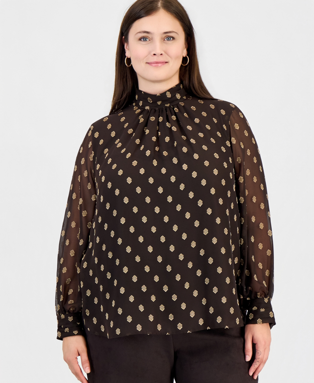 Anne Klein Plus Long-Sleeve Shirred-Collar Keyhole-Front Blouse