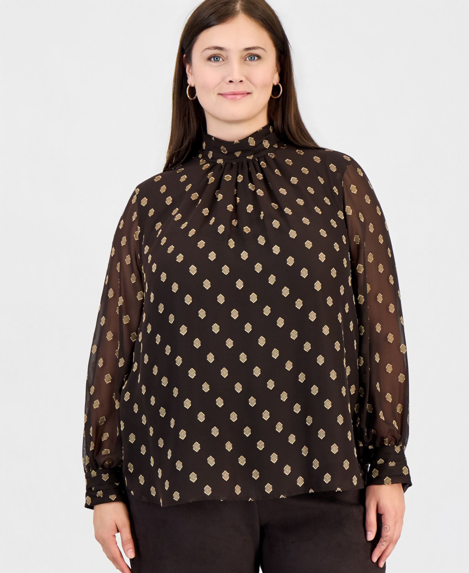 Plus Size Long-Sleeve Shirred-Collar Keyhole-Front Blouse