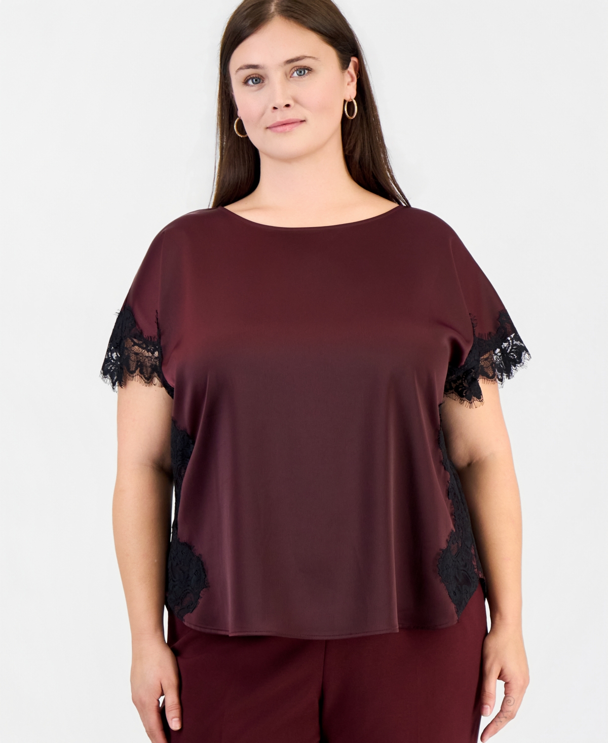 Anne Klein Plus Lace-Trim Short-Sleeve Bateau Neck Blouse