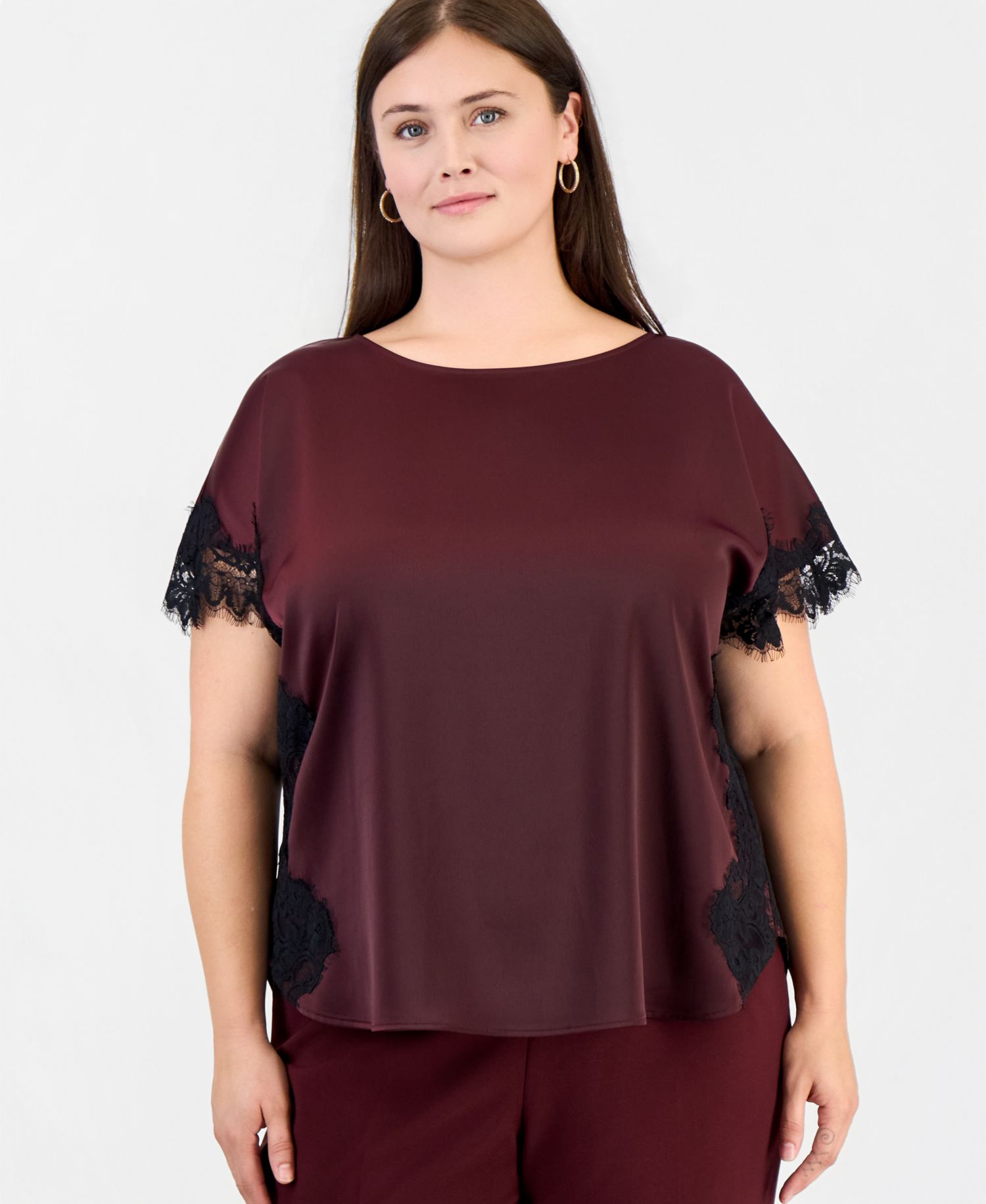 Plus Size Lace-Trim Short-Sleeve Bateau Neck Blouse