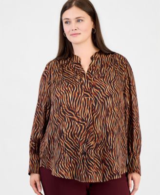 Plus Size Long-Sleeve V-Neck Pleat-Front Blouse