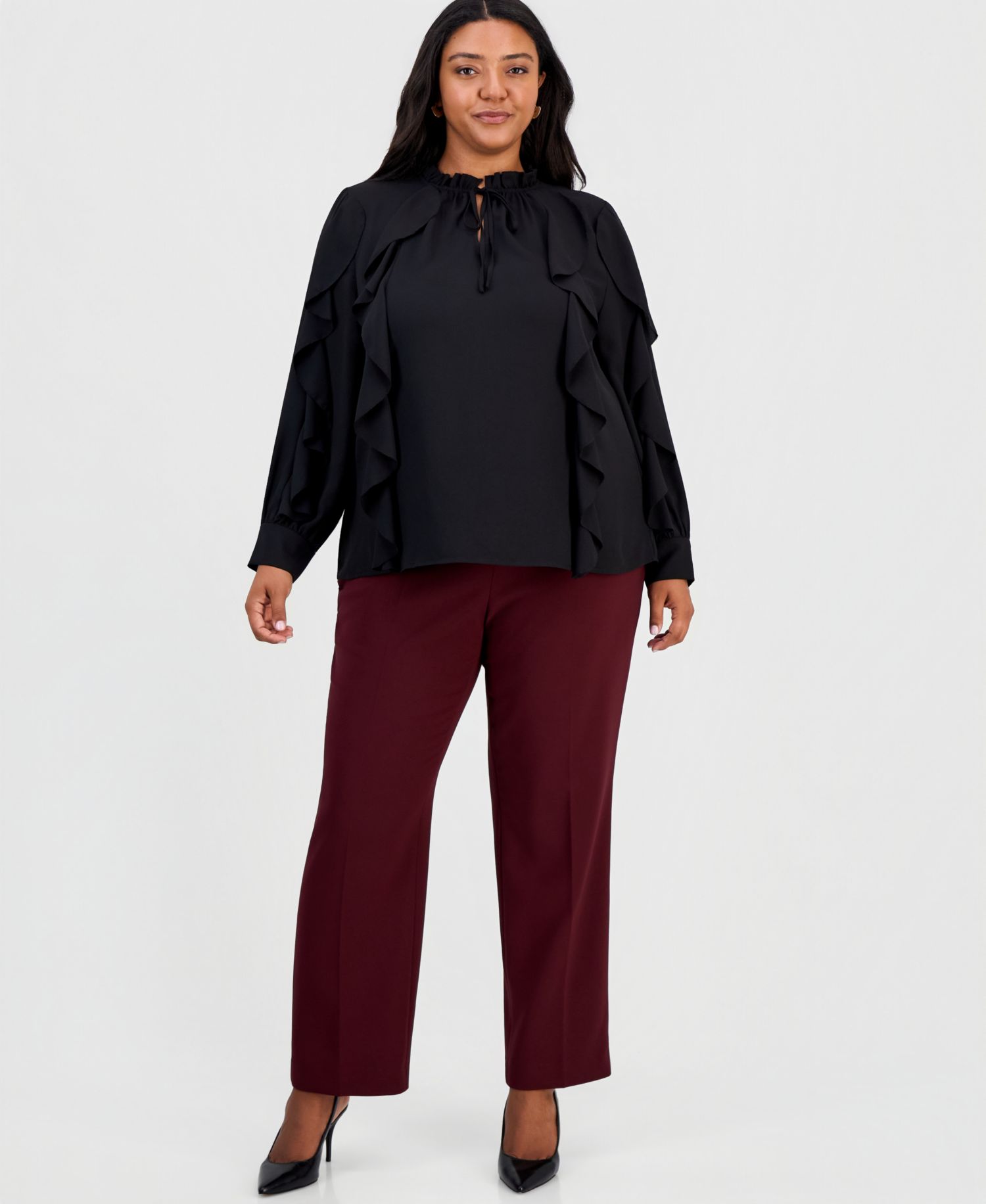 Plus Size Long-Sleeve Keyhole-Neck Ruffle-Trim Blouse