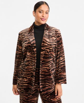 Plus Size Velvet Animal-Print Notch-Collar Blazer