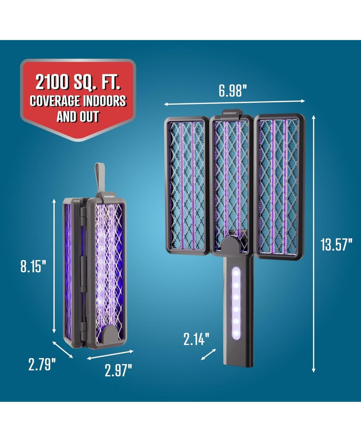 Flowtron 2-in-1 Tri-Fold Bug Zapper Racket – Portable Insect Killer with 2100 Sq Ft Coverage