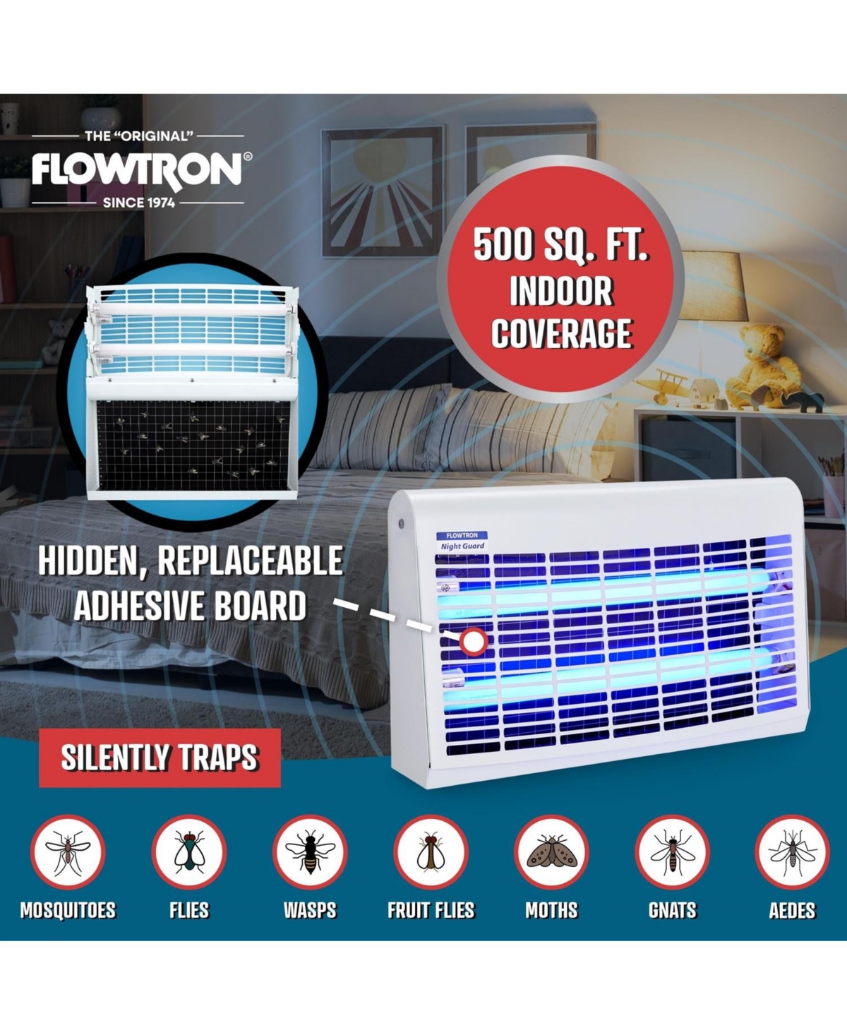 Flowtron Portable Indoor Fly Trap, 30W, Dual Lure Electric Insect Killer, 500 Sq Ft Coverage