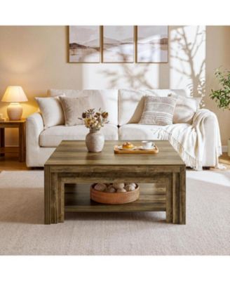 Square Coffee Table: 39" rustic farmhouse table with storage shelf and carved legs. For living room, apartment, small space.