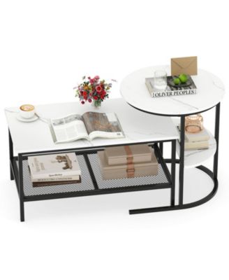 2-Tier Coffee Table and Side End Table Set with Faux Marble Tops and Storage Shelves