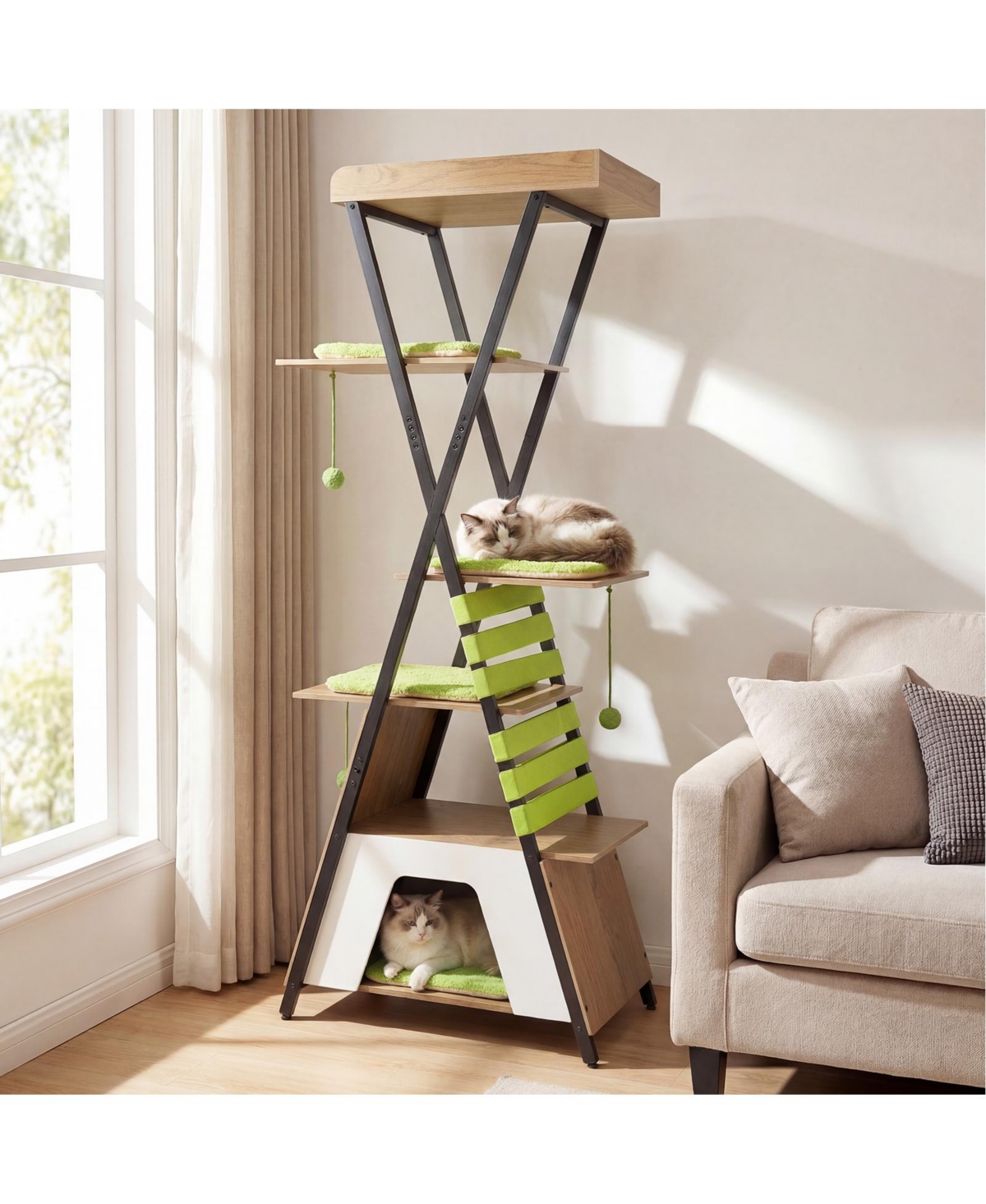 Costway 73" Wooden Multi-level Cat Tower with Elevated Perch, Large Condo, Dangling Balls