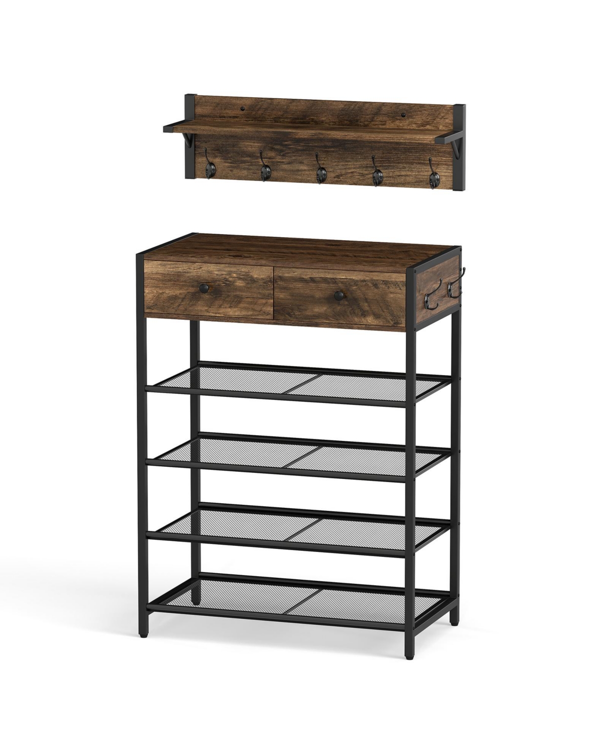 Sugift Coat Rack and 5-Tier Shoe Stand Combo with Drawers and Mesh Shelves, 25.5 in. Wide - Brown