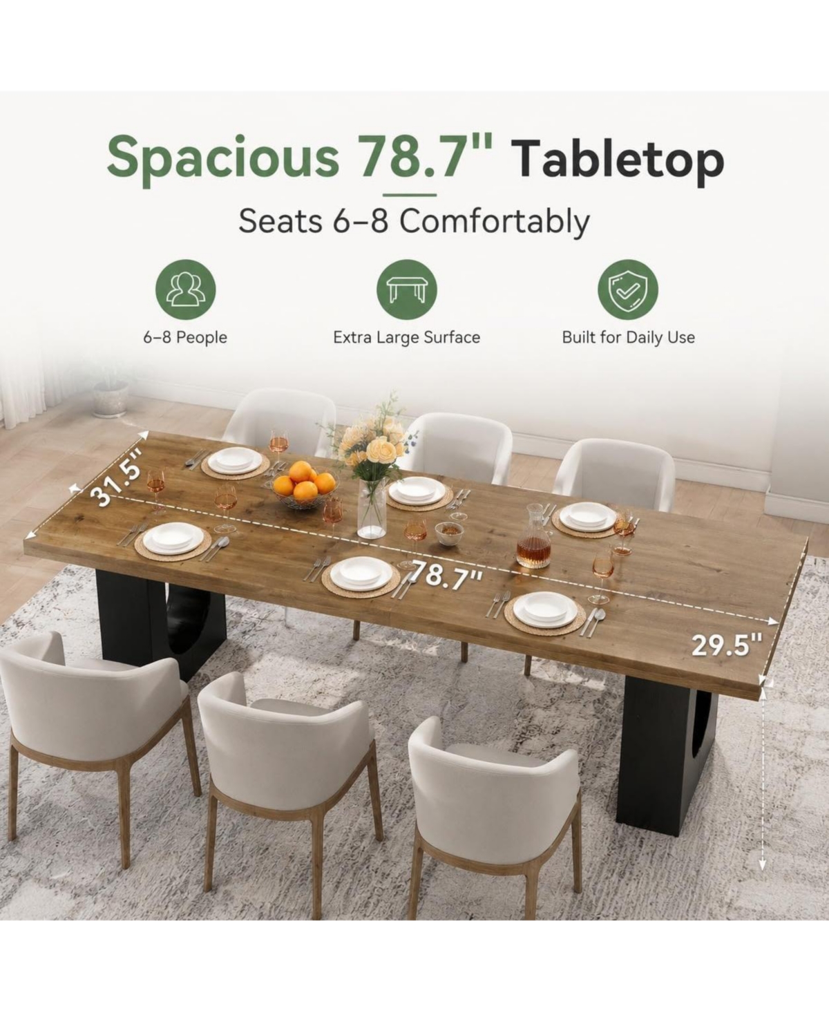 Tribesigns 78.7" Rectangular Dining Table for 6-8 People, Modern Farmhouse Kitchen and Dining Room Table with Sculptural Pedestal Base
