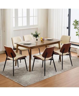 Set of 6 Dining Chairs, Upholstered PU Leather Kitchen Side Chairs with Curved Walnut Bentwood Back, Metal Legs and Adjustable Feet