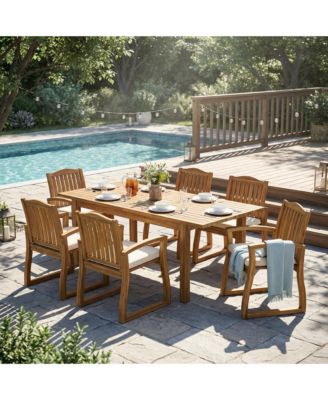 7 Piece Acacia Wood Outdoor Dining Set Expandable Patio Table and 6 Chairs with Cushions