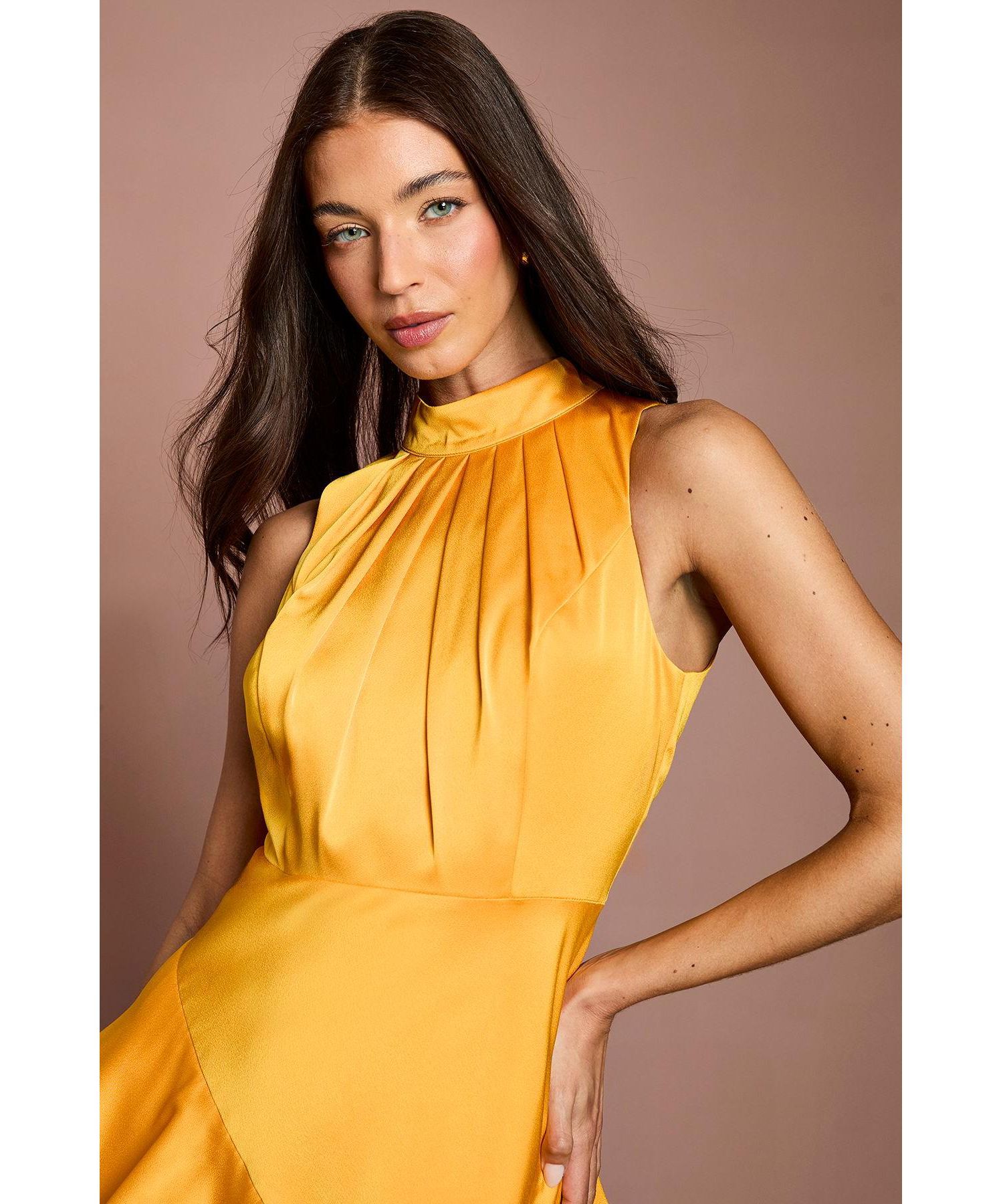 Women's Satin Crepe High-Neck Pleated Maxi Dress
