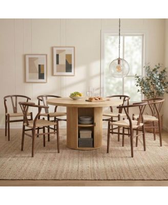 6-Piece Walnut Woven Dining Set with 47.2 inch Round Storage Table