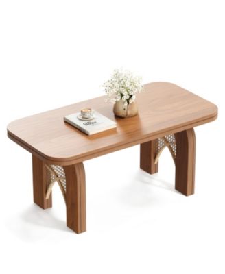 39" Rattan Boho Coffee Table with Arched Cane Legs, Mid Century Modern Rectangle Wood Center Table for Living Room
