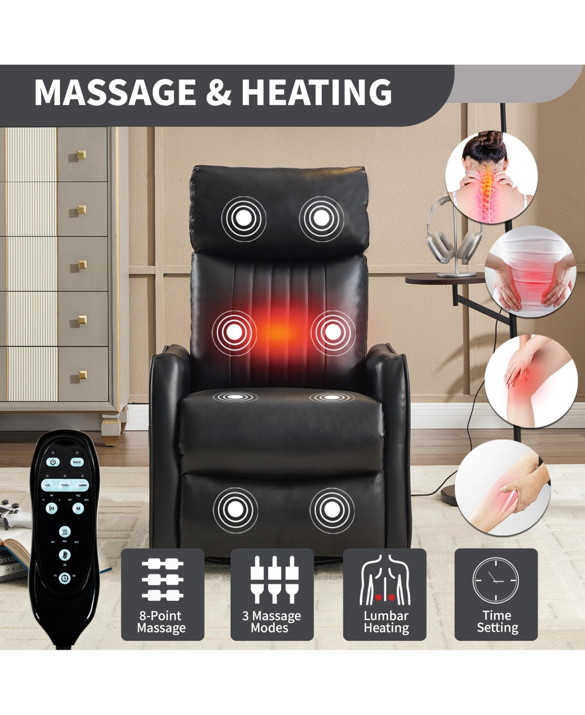 Clihome Faux Leather Heat Massage Manual Recliner Chair with Rocker and Swivel for Living Room