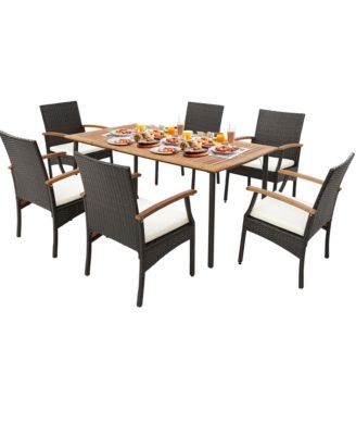 7 Piece Wicker Dining Set Cushion Acacia Wood Armrests Table With Umbrella Hole Patio