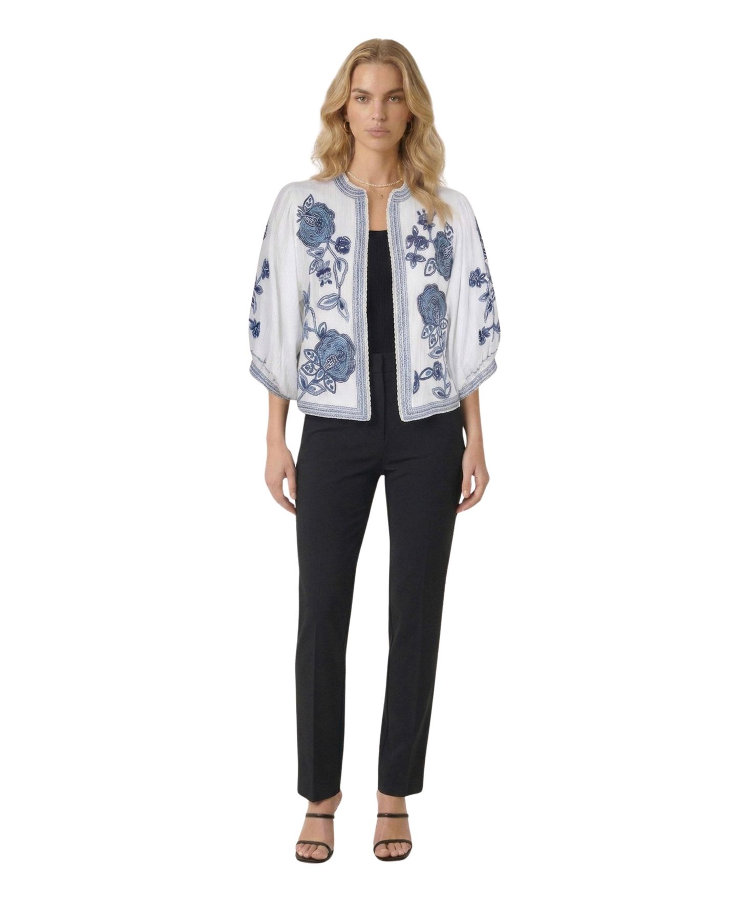 Женская куртка Modenaire Floral Embroidered Cropped Jacket, цвет: Белый / Синий — фото 2