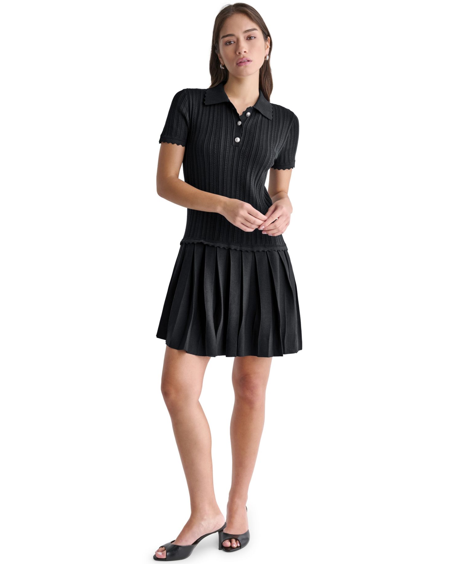 Women's Short-Sleeve Pleated Drop-Waist Sweater Dress
