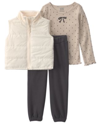 Toddler Girls' 2T-5T Bow Polka Dots Fleece Long-Sleeve Layering Top, Vest and Joggers, 3-Piece Set 