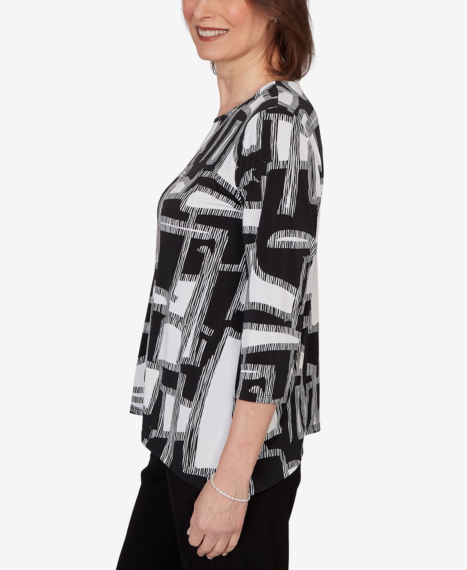 Petite Geo Boxes Puff Printed Top with Necklace