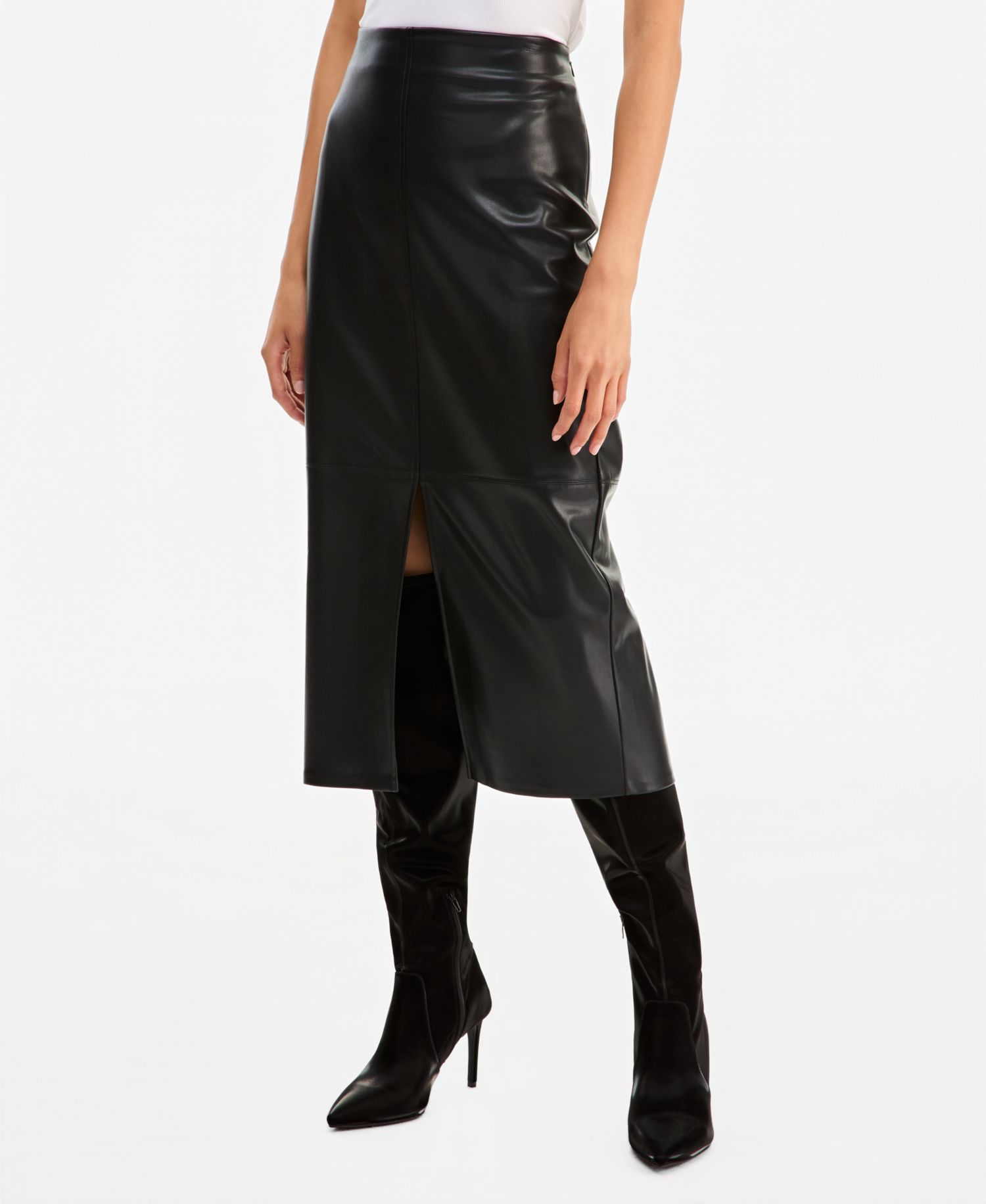 Women's High-Waisted Front Slit Faux-Leather Pencil Midi Skirt