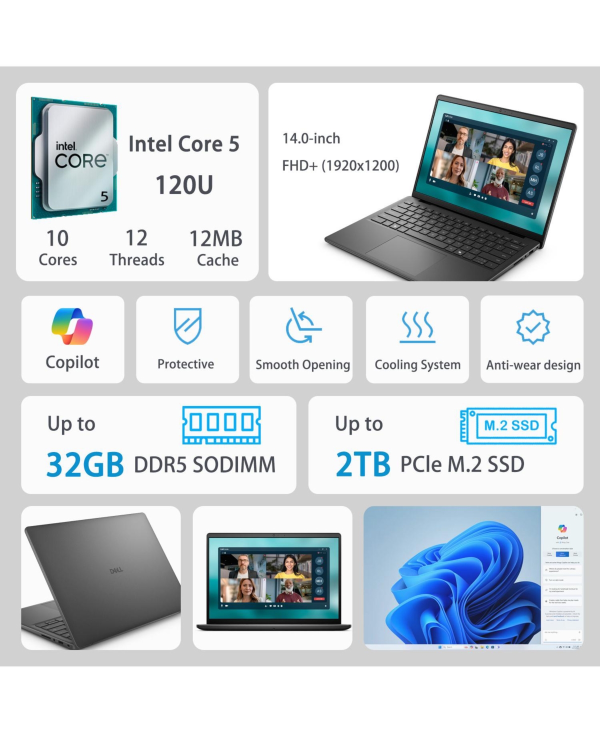 Dell 14 14inch Traditional Laptop Intel Core 5 32GB Ram Intel Graphics 1TB Ssd Storage Windows 11 Home 60Hz