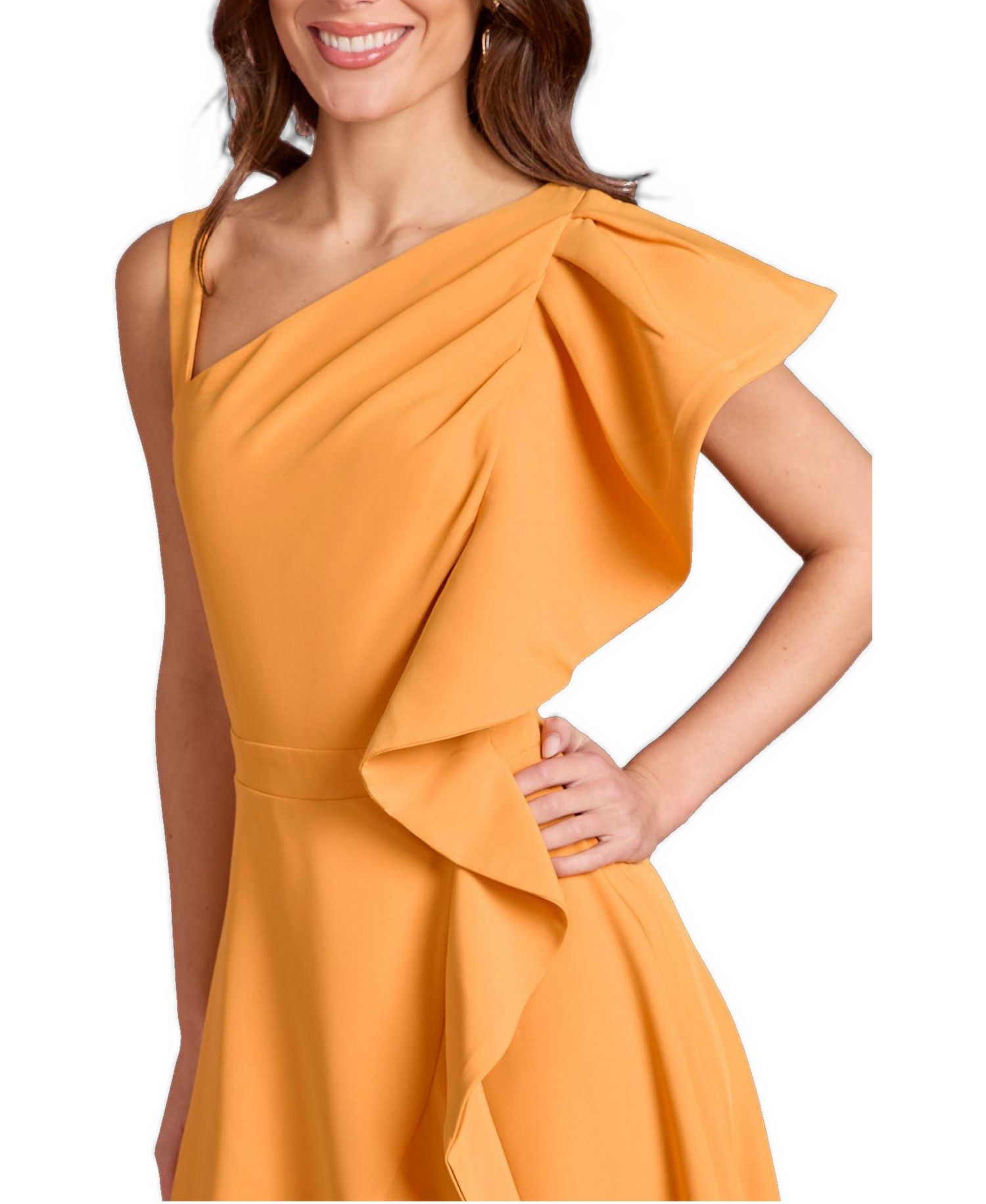 Women's One Shoulder Crepe Ruffle Midi Dress