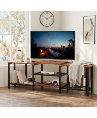TV Stand with 4 Open Storage Shelves, Corner Entertainment Center with Power Outlets, Media Console for Living Room with LED Lights