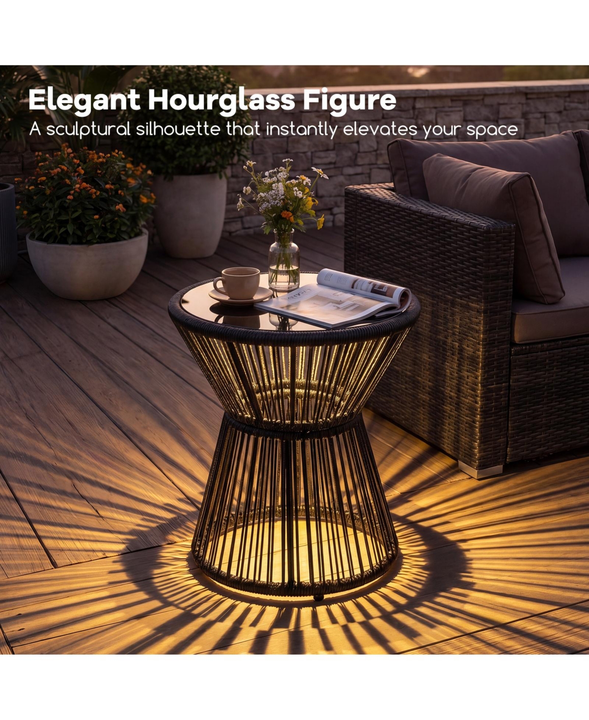 Gymax Outdoor Side Table with Led Warm Light Pe Rattan Hourglass-Shaped End Table