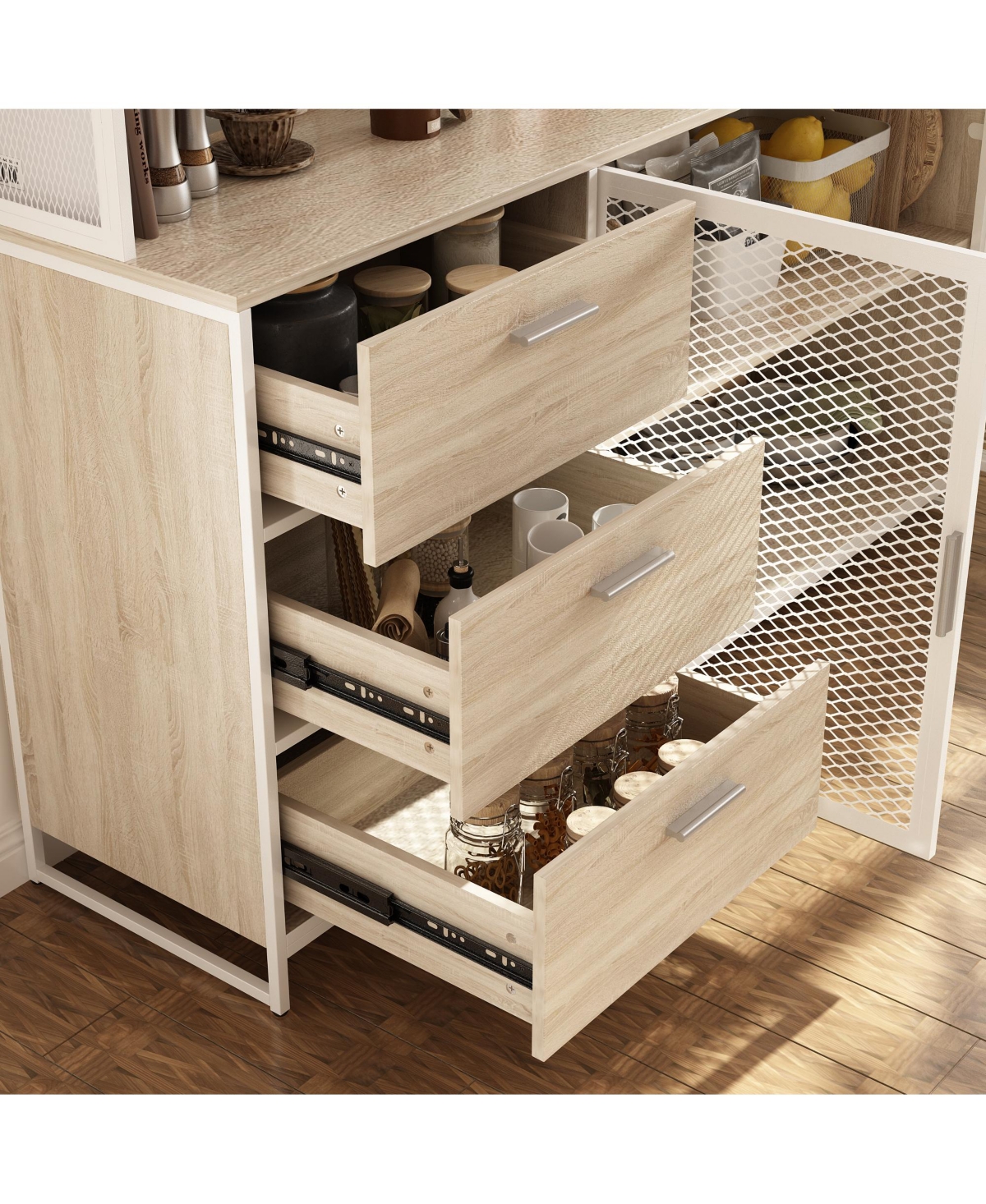 Homsee 59-Inch Storage Cabinet with Drawers Industrial Wood and Metal 69-Inch Tall Floor Organizer 3 2 Doors
