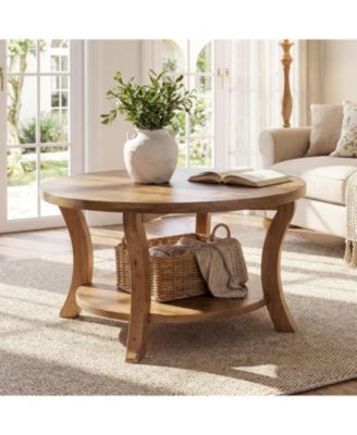 31.5" Round Solid Wood Coffee Table with Storage Shelf, Farmhouse Circle Center Table for Living Room