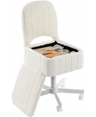 Small Vanity Stool Chair with Storage and Folding Back, Height Adjustable Lift Ottoman Swivel and Quiet Wheels, Soft Faux Fur Stool
