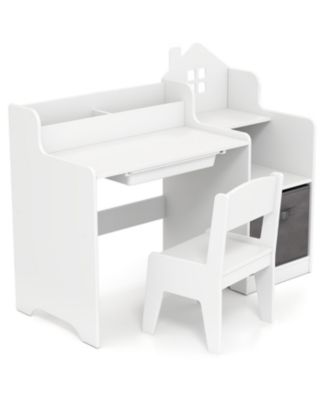 Children Study Table and Chair Set with Open Shelves and Storage Drawer