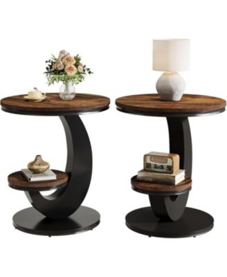 2 Tiers Side Table, Round End Table with Storage Shelf, C-Shaped Frame for Small Spaces, Living Room 2 pieces