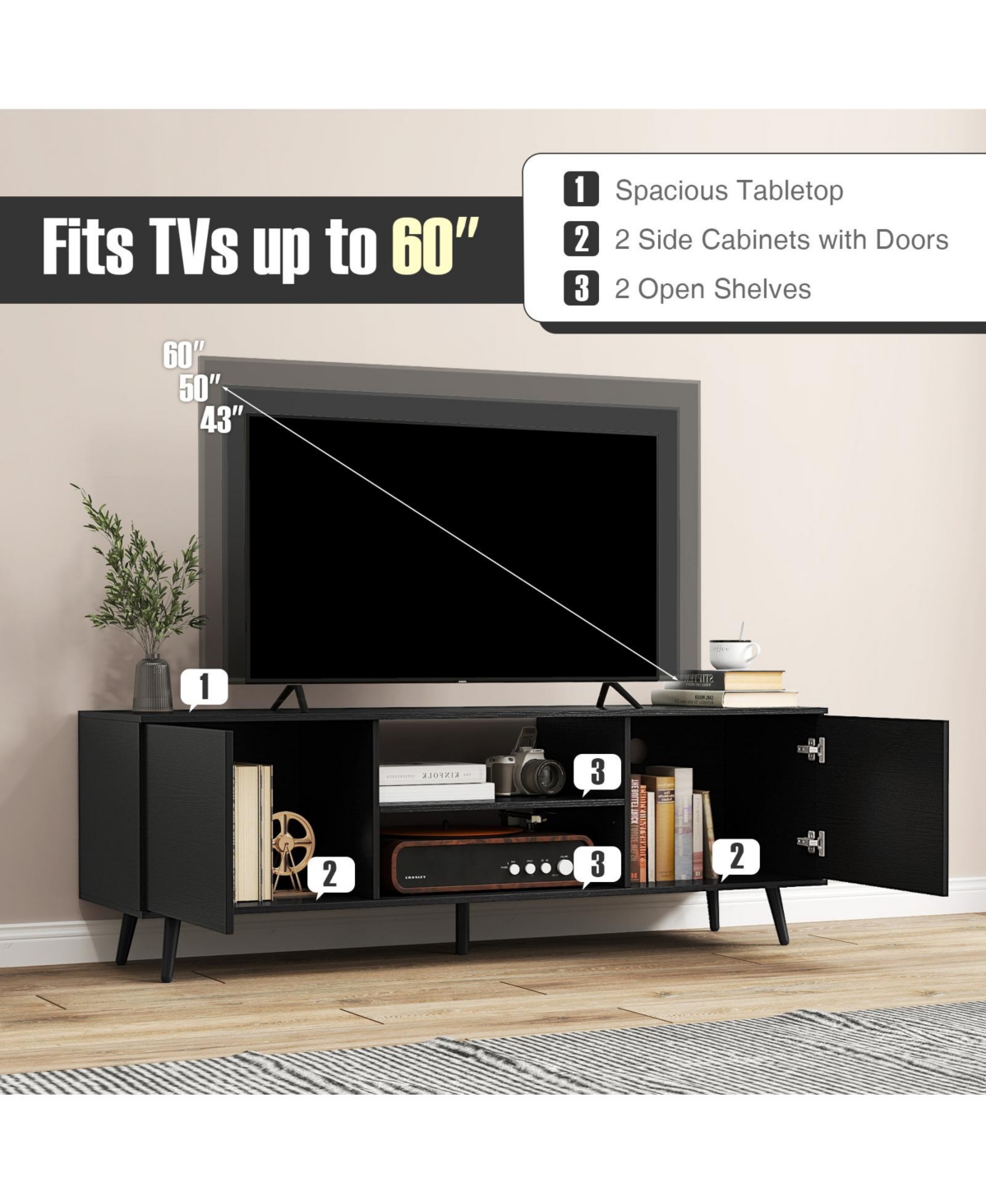 Slickblue Tv Stand for 60 Inch TVs with Power Outlets and Adjustable Shelf