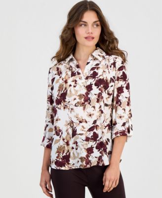 Women's Floral-Print 3/4-Length Roll-Tab V-Neck Blouse
