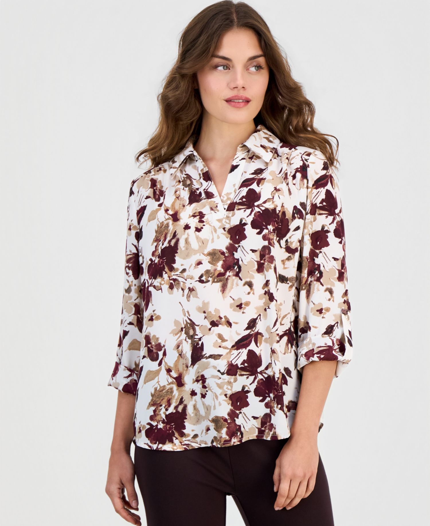 Women's Floral-Print 3/4-Length Roll-Tab V-Neck Blouse
