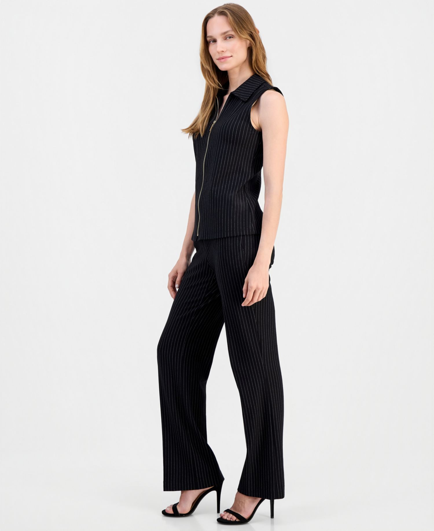Women's Pinstriped Zip-Front Sleeveless Top & Mid Rise Pull-On Pants