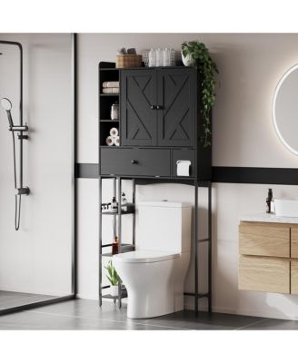 Over-The-Toilet, Black Bathroom with MDF Shelves and Steel Frame, Space-Saving for Small Bathrooms, for Towels and Essentials