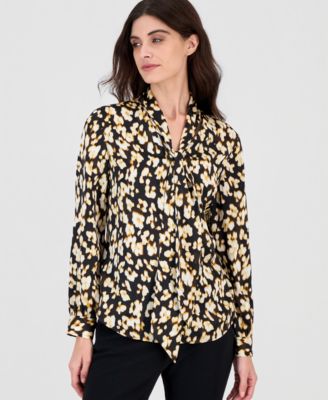 Women's Tie-Neck Long-Sleeve Printed Blouse