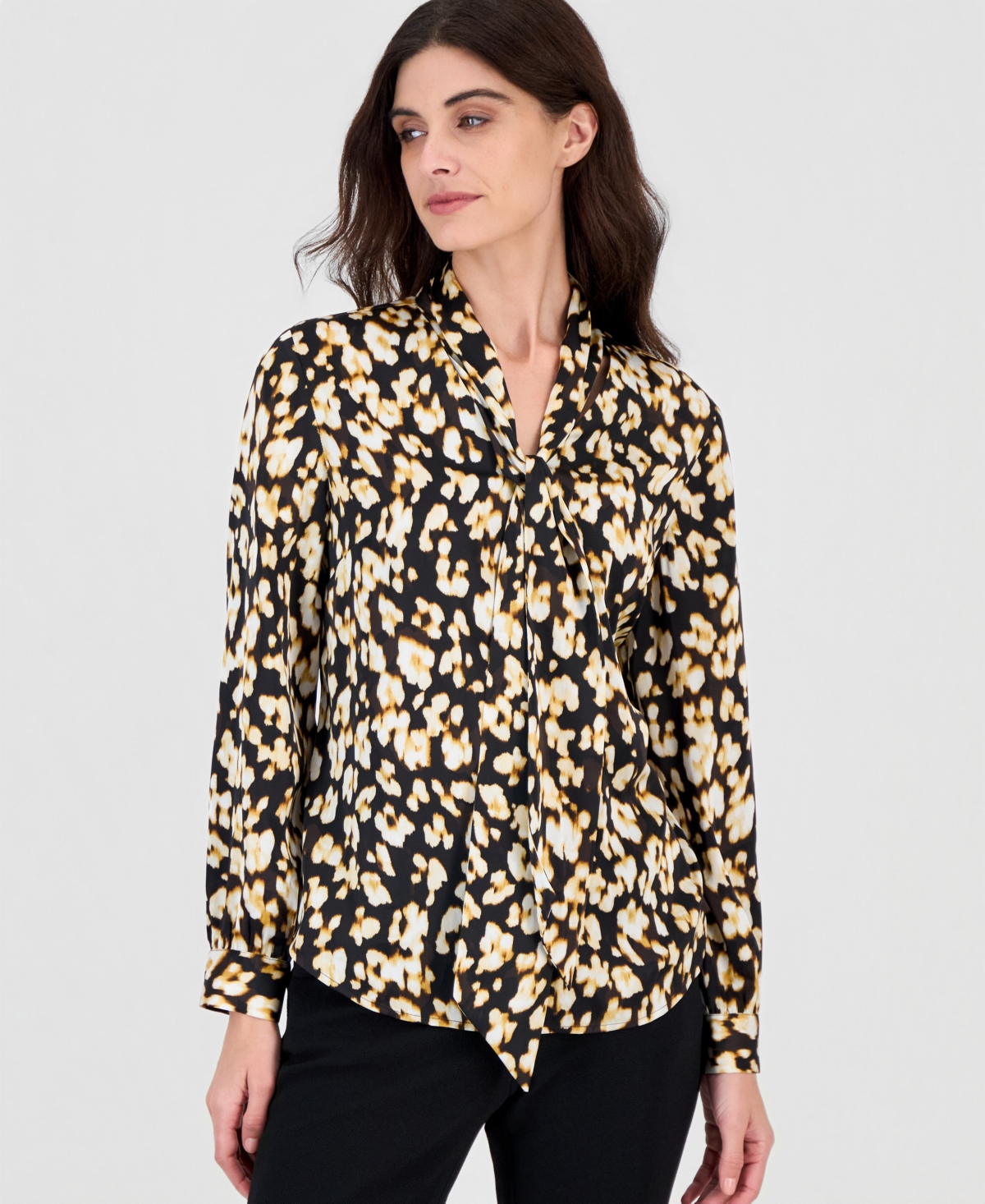 Womens Kasper Long Sleeve Tie Neck Blurred Floral Satin Blouse